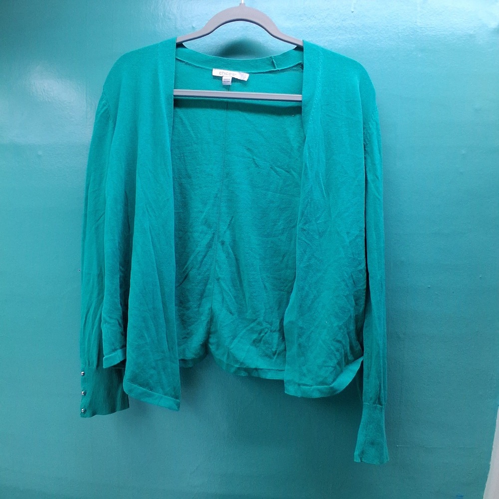 Chico's Open Front Cardigan Size 1 M Teal Green Cotton Blend Casual Chic